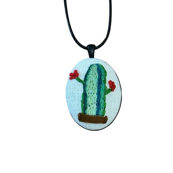 Embroidery Barrel Cactus Pendant ~ Handmade Jewelry - Picture 3 of 4